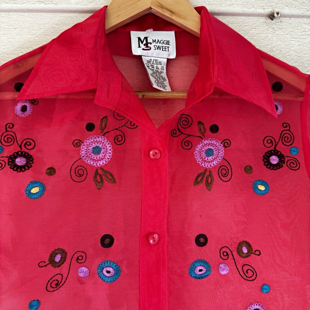 Vintage Maggie Sweet Sheer Organza Embroidered Blouse Red Y2K Boho M 20 PTP